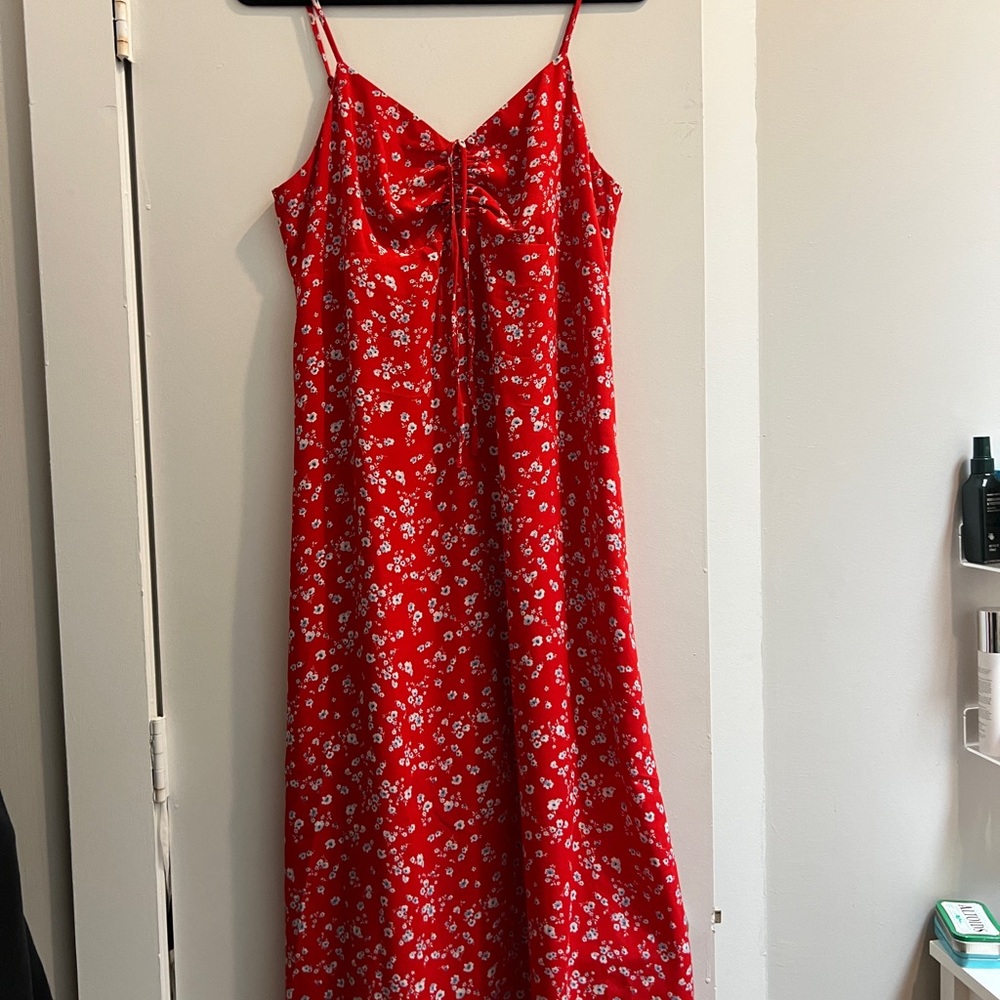 Midi length Red and White Floral Dress